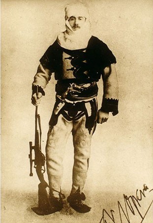 Nopcsa posing for a royal court photographer in		 Albanian warrior clothing (Wikimedia Commons)